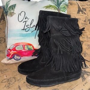 Minnetonka Women'S 3 Layer Fringe Calf High Boot Black Leather Size 10